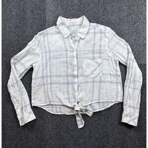 Rails Women's White Plaid Tie Front Button Up Shirt XS Top Linen Blend Rodeo